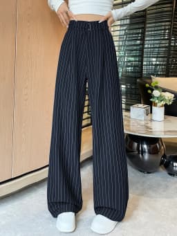 Elegant Striped High Waist Loose Straight Leg Pants Women's Spring Autumn 2026 New Style Floor Length Wide Leg Trousers