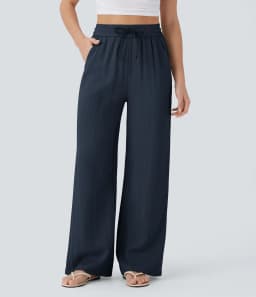 Pant women 2026 casual high-waisted drawstring side pocket casual linen pants flowing wide-leg beach pants elastic tightness