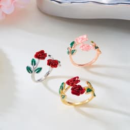 Retro Red Rose Flower Bracelet Ring Set For Women Vintage Drip Oil Open Adjustable Cuff Bangle Finger Ring Party Wedding Jewelry