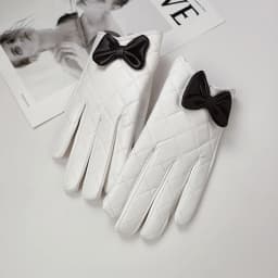 Women Black Bow Thickened Plush Inside Grid PU Artificial Leather Glove Sexy Female Nightclub Dance Punk Performance Mitten