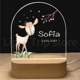 Personalized Baby Birth Night Light Custom Name Animal Elephant Lion with USB Wood Base Lamp for Bedroom Table Rainbow Decor