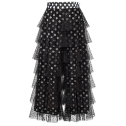 Combhasaki Women's Shiny Sequins Tulle Ruffle Layered Lace Pants Dot Print Y2k Elastic High Waist Tiered Loose Wide Leg Trousers
