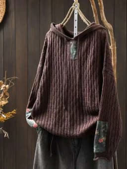 Floral Prrint Patchwork Vintage Style Women's Knitted Sweatshirt Autumn Fashion Long Sleeve Loose Casual Hoodie Female Pullovers