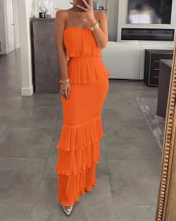 Women's Sexy Slim Fit Pleated Ruffled Edge Boho Dresses, Monochromatic, Bra Tie, Lady, Temperament