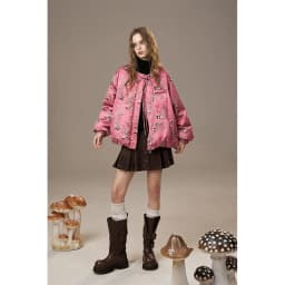 ELFSACK Women's Pink Panda Puffer Jacket with Drawstring, Warm Quilted Winter Coat, Cute Floral Print, Casual Street Style