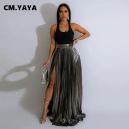 CM.YAYA Women Fashion 2024 Spring High Side Split Big Swing Pleated Floor Length Skirt High Waist Street Party Long Maxi Skirts