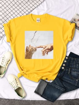 T Shirt Funny Cute Cat And Manpower Printed Womens T-Shirt Kawaii Fashion Woman Clothes Oversized Harajuku Tshirt For Women's