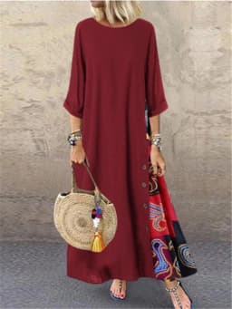 Women Vintage Print Patchwork Maxi Dress Boho 3/4 Sleeve Oversized Long Dress Casual Harajuku O Neck Loose Dress Elegant Robe
