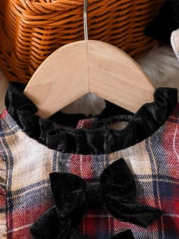 Fashion Plaid Patchwork Lace Collar Bow Tie Back Invisible Zipper Long Sleeve Dress for Baby Girl (Including Hat) Autumn