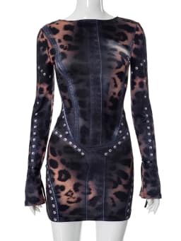 Weird Puss Patchwork Print Dress Women o-Neck Lace-Up Full Sleeve Hottie Trend Skinny Stretch Peach Hip Mini Bodycon Streetwear