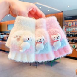 4-7Y Girls Winter 2 in 1 Convertible Flip Gloves Cute 3D Cat Decor Knitted Plush Gloves Kids Paw Print Windproof Thermal Mittens