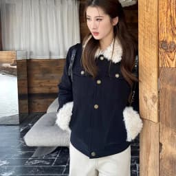Faux Lambswool Patchwork Short Quilted Cotton Jacket Coat Women Retro Slim Navy Blue Padded Coat Female Workwear Style Outerwear