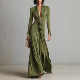 Women's Elegant Deep V Neck Maxi Dress Spring Twist Knot Ruched Floor-Length Evening Gown Autumn New Long Sleeve Slim Boho Dress