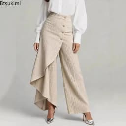 2026 New Women's Casual Wide Leg Pants Spring Fashion Breasted Design Ladies Slim Trousers Vintage Imitation Denim Women Pants