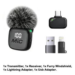Wireless Lavalier Microphone, Mini Mic, Wind Cover, Type-C With Lightning & USB Adapter, for Phones, Tablets, Laptops, Computers