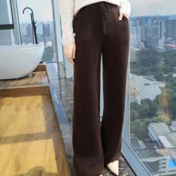 100% Pure Mink Cashmere Knit Wide-Leg Pants Women's Elastic Waist Loose Straight Trousers Leisure Thick Drawstring Mopping Pants
