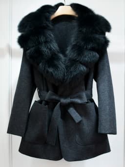 Lagabogy 2025 Large Natural Fox Fur Collar Cuffs Winter Cashmere Wool Blends Women Slim Fit Suit Double Sided Woolen Trench Coat