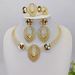 Two Tones Luxury Collar Necklace Earrings Bracelet Ring Big Size Choker 18K Gold Plated Jewelry Set Bridal Wedding Party Gifts