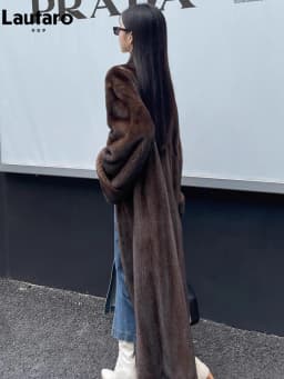 Lautaro Winter Long Vintage Elegant Luxury Chic Thick Warm Soft Brown Fluffy Faux Mink Fur Coat Women V Neck Furry Overcoat 2023
