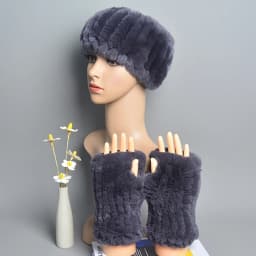 One Set Women Real Rex Rabbit Fur Cuff+Headband Winter Warmer Hat Arm Wrist Sleeve Gloves Female Real Fur Cap+Elastic Wristband