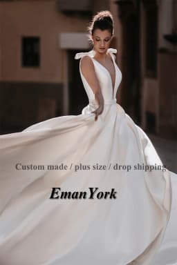 EmanY Charming V-neck Wedding Dresses for Woman Satin A-line Backless Button Pleated Bowknot Vestidos De Novia Customized