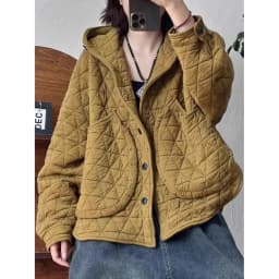Fashionable Diamond Pattern Loose Hooded Jacket Women's Large Pocket Casual Cotton Coat Trendy Autumn Winter New Style