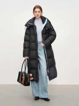 FSLE 2025 Winter New Women's Long Puffer Down Coat with Hood Two-Tone Color Block Thermal Insulated Jacket Heavy Warm Outerwear