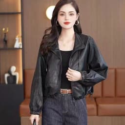 Chic Black Women Faux Leather Jacket Zip Up Lapel Collar Drawstring Hem Loose Oversized Pockets Streetwear Moto Outerwear Top