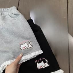 Lace Patchwork Wide Leg Shorts Women 2026 Summer Japanese Cat Embroidery Elastic Waist Short Pants Y2k Aesthetic Casual Trousers