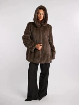 IG Women Brown Hooded Single Button Mid-Length Faux Fur Coat, Side Pockets, Winter Warm Vintage Elegant Commute Outerwear
