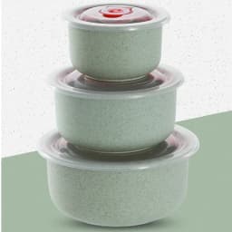 3pcs Wheat Straw Fresh-Keeping Bowl Three-Piece Set with Lid for Home Microwaveable Plastic Round Lunch Box