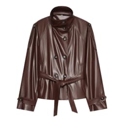 Women's Short Leather Effect Trench Coat, Lapel Double Breasted Windbreaker with Belt, Vintage Faux Leather Jacket