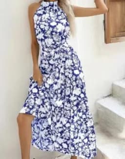 Women's Halter Neck Maxi Dress - Floral Print Boho Chic Smocked Waist Summer Beach Dress for Vacation Casual Wear