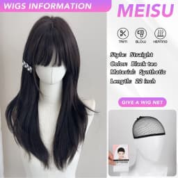 MEISU 22 Inch Synthetic Air Bangs Wig Straight Layered Straight Wigs Fiber Heat-resistant Party or Selfie For Women Daily Use