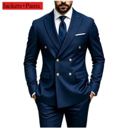 Men's Peak Lapel Double Breasted Golden Button Flap Pocket Business Commute Suit Men Trending Luxury Formal Slim Fit Groom Suit