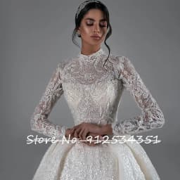 O-Neck Pearls Back Long Sleeve Beaded Appliques Shiny Sequins Lace Princess Ball Gown Wedding Dress Vestido De Novia