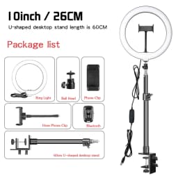 10 inch Selfie Desktop Ring Light LED Lamp Tripod Stand Phone Holder for Live Stream Makeup YouTube Video Photography Studio