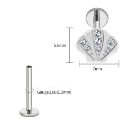 Right Grand ASTM F136 Titanium Seashell Flat Back Stud with CZ 16G Summer Cartilage Helix Conch Piercing Ocean Beach Jewelry