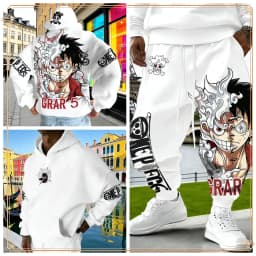 One Piece Luffy Gear 5 Hoodie Pants Set Red Cotton Tracksuit with Character Print on Hoodie Front Pant Side Loose Fit Two Piece