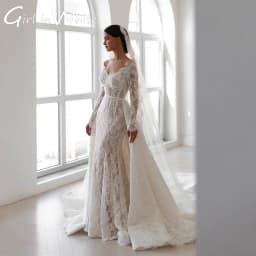 V-Neck Mermaid Wedding Dresses Off The Shoulder Long Sleeves Lace Applique Bridal Dress Formal Wedding Ball Prom Gown Customized