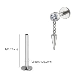 Right Grand ASTM F136 Titanium Bezel CZ Dangle Cone Labret Cartilage Earring Conch Helix Stud Tragus Spike Chain Drop Earring