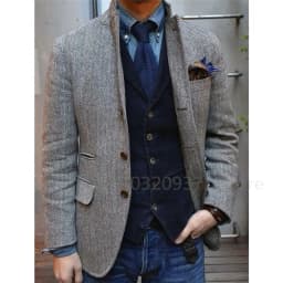 Male Suit Gray Men's Jacket Dark Gray Herringbone Wool Tweed Lapel Collar Single Breasted Formal Bussiness Jacket for Wedding