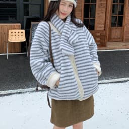 Korean Sweet Two Side Wear Padded Jacket Women Fleece Lined Thick Warm Parkas Woman Lazy Style Stripe Scarf Winter Jackets