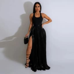CM.YAYA Women Fashion 2024 Spring High Side Split Big Swing Pleated Floor Length Skirt High Waist Street Party Long Maxi Skirts