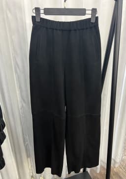 Retro 2025 Leather Ankle-Length Pants Women Elastic Waist Suede Sheepskin Wide Leg Length Straight Cylinder Trousers Black brown