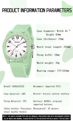 Fashion SANDA 6232 Simple Design Soft Children's Quartz Watch TPU Strap Sports Waterproof Night Light Children's Quartz Watch