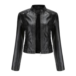 Women's Rivet PU zipper Leather Coat, Black Motorcycle Jacket, Standing Collar, Korean Punk Rock Fashion, Autumn and Winter