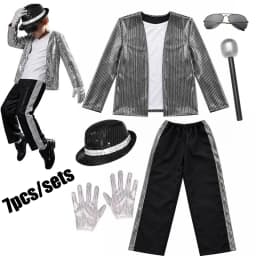 Kids Sequin Dance Costume 6Pcs Singer Performance Outfit Glitter Jacket Pants Hat Gloves Sunglasses Halloween Stage Cosplay Suit