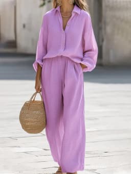 Women's Cotton 2-Piece Set Oversized Long-Sleeve Button-Down Shirt Wide-Leg Pants with Elastic Waist Loose-Fitting for Vacation