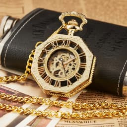 Ramadan Classic Hexagonal Mechanical Pocket Watch FOB Chain Steampunk Roman Dial Skeleton Gold Hollow Steel Men's Pocket Watch